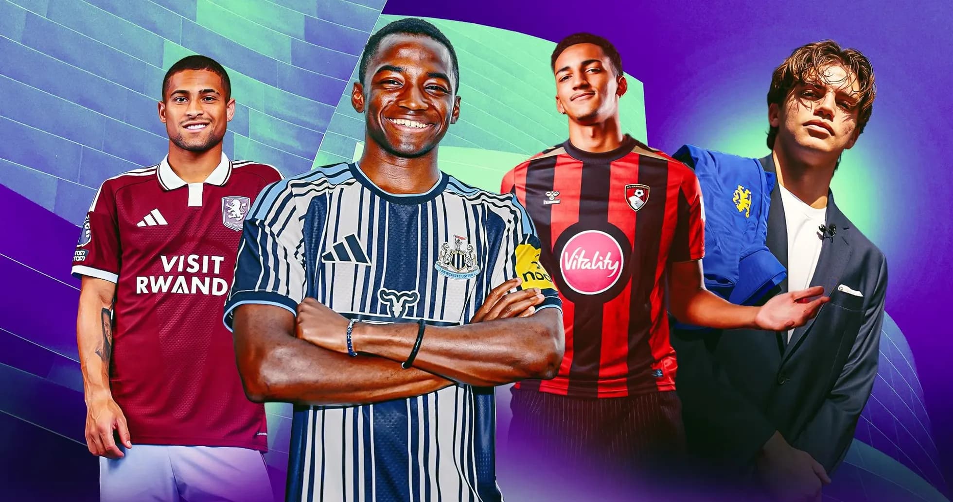 Cuatro jugadores de fútbol en camisetas de clubes