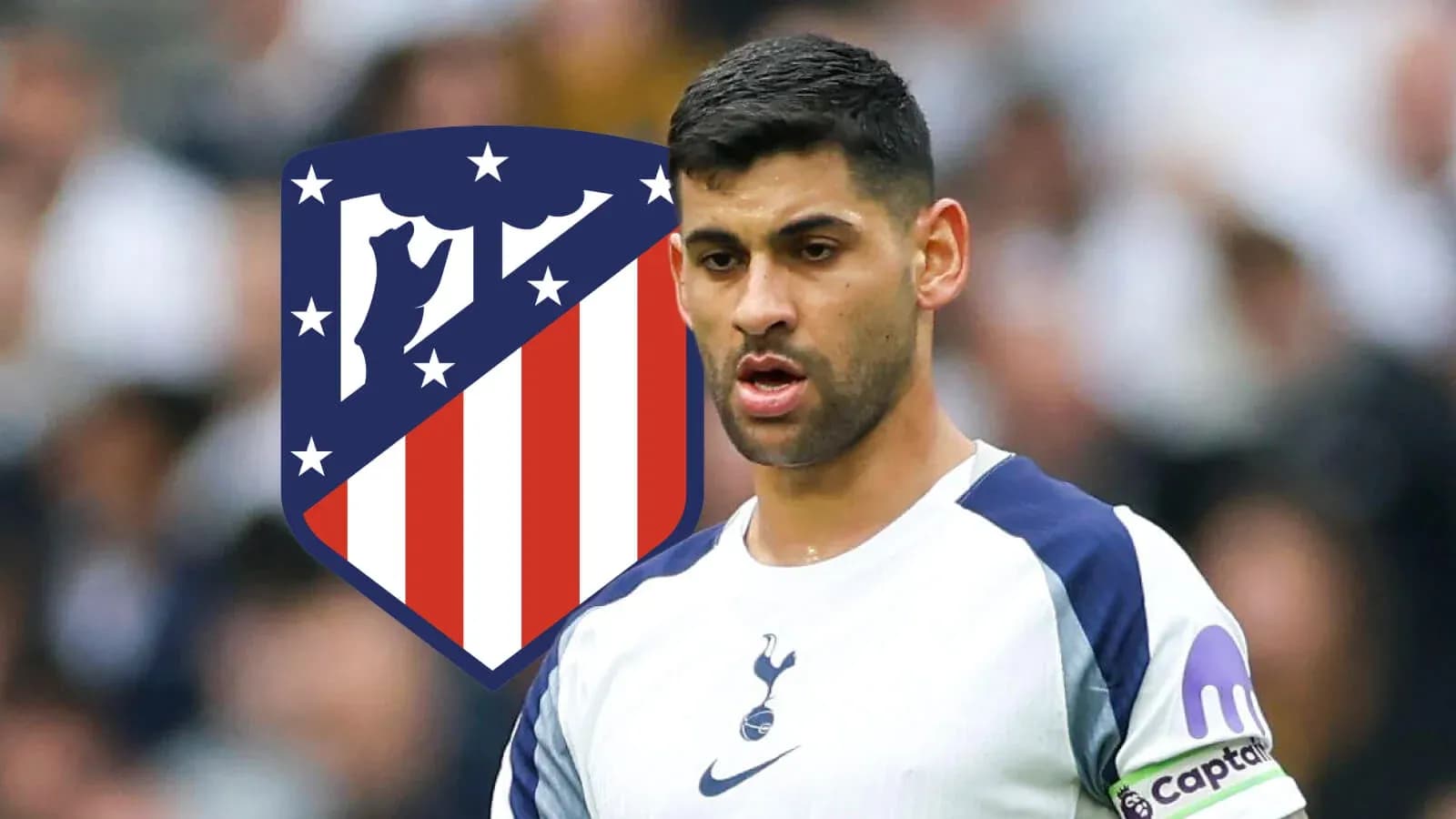 Jugador de Tottenham con escudo de Atlético de Madrid