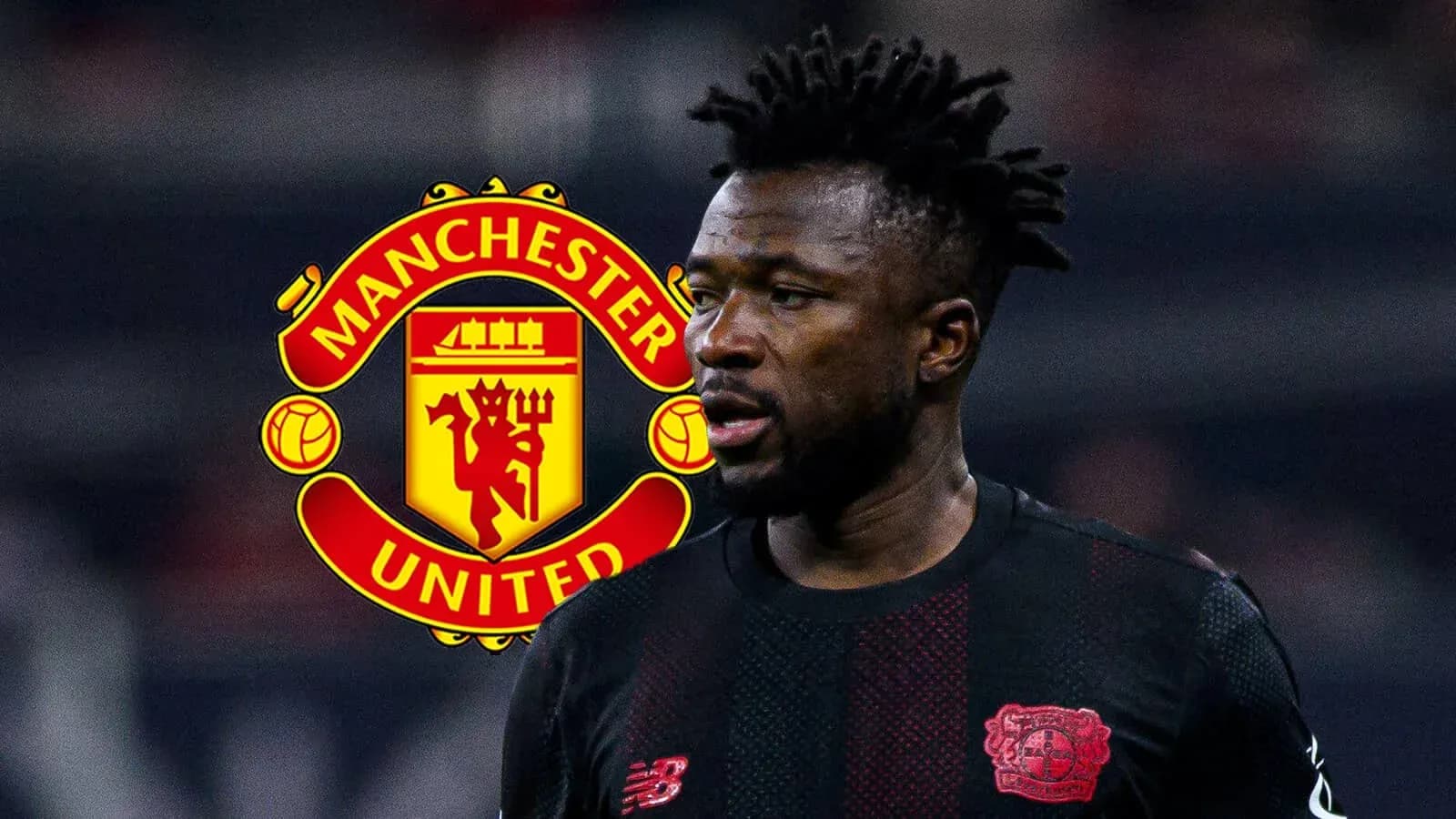 Jugador de fútbol frente al logo de Manchester United