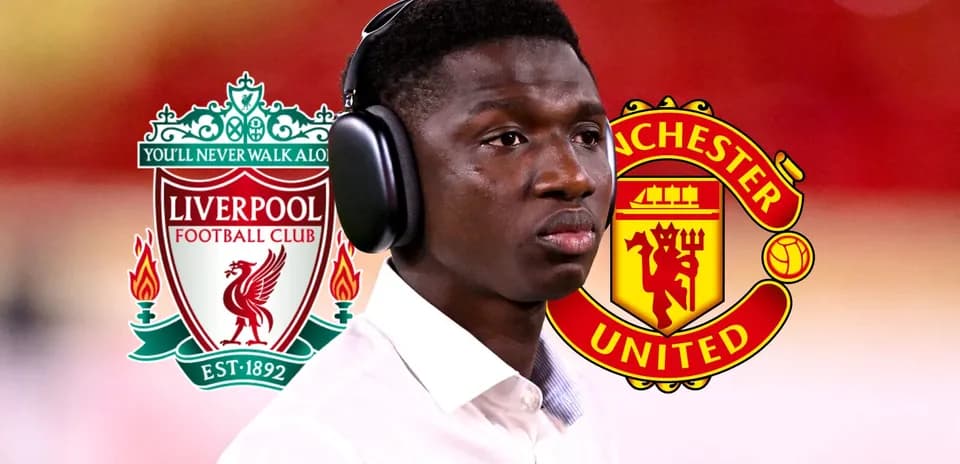 Jugador con auriculares frente a logotipos de Liverpool y Manchester United