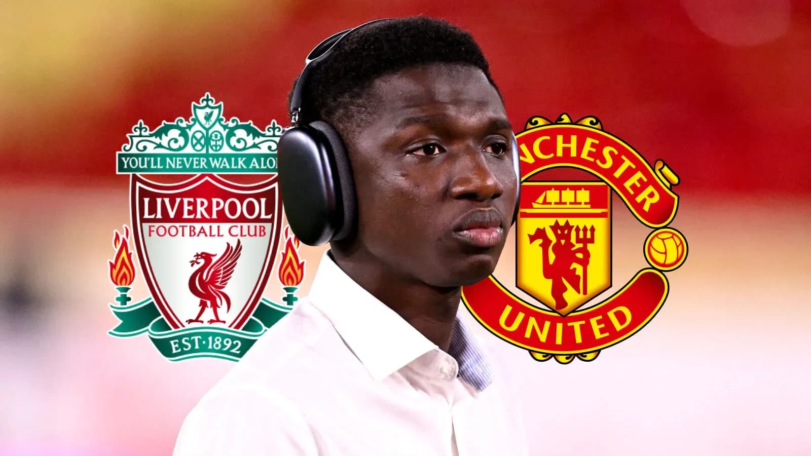 Jugador con auriculares frente a logotipos de Liverpool y Manchester United