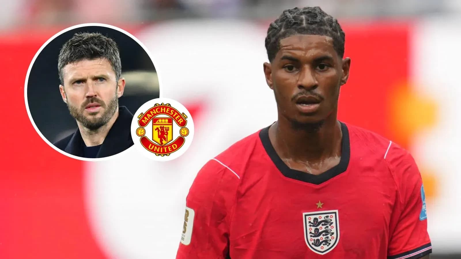Jugador de Inglaterra en partido con fondo de Manchester United