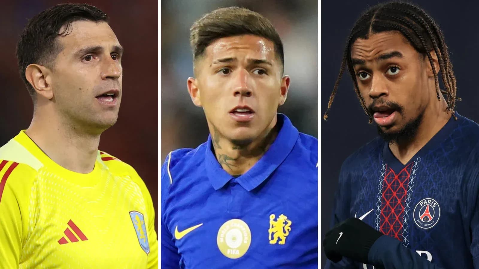 Tres futbolistas en diferentes camisetas de equipos