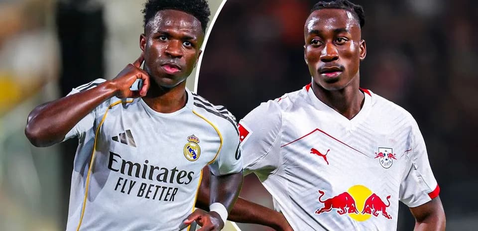 Vinícius Jr. y jugador de RB Leipzig en acción