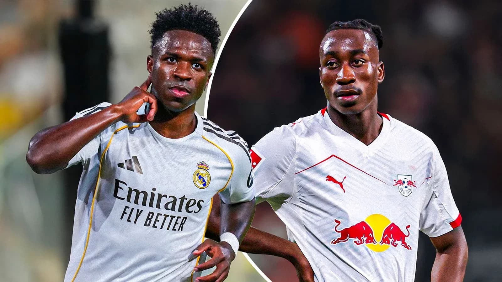 Vinícius Jr. y jugador de RB Leipzig en acción