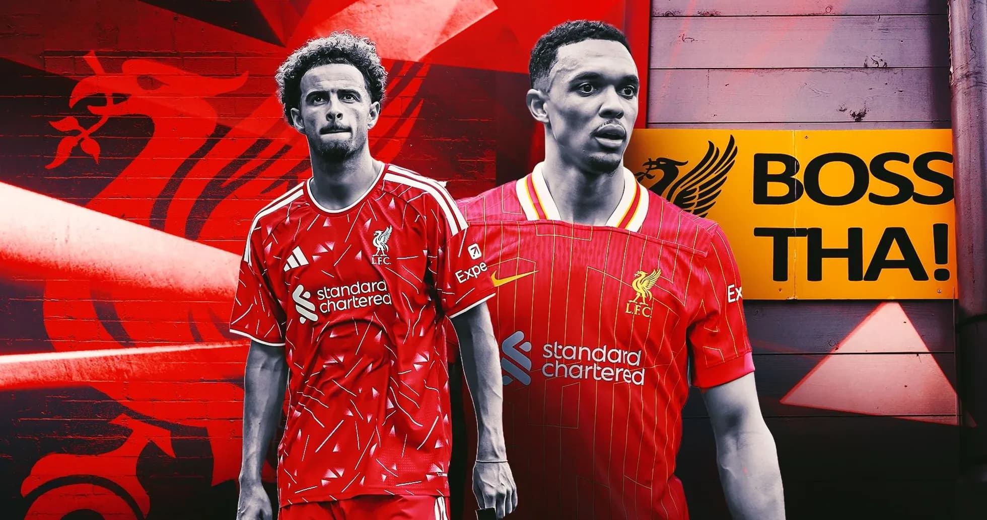 Jugadores de Liverpool en uniforme rojo frente a fondo gráfico