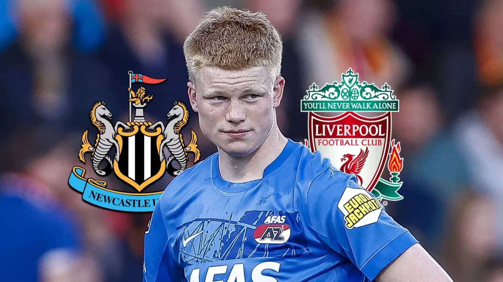 Jugador con camisetas de Newcastle y Liverpool de fondo