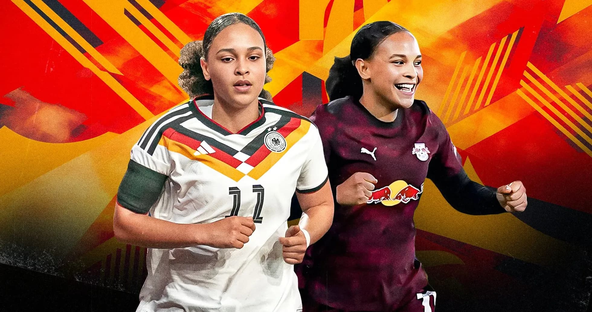Jugadoras de fútbol con camisetas de Alemania y RB Leipzig