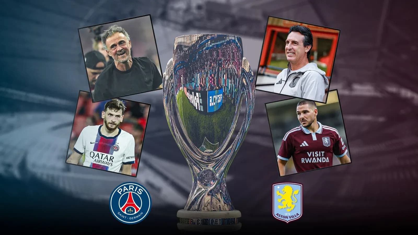 Trofeo de Supercopa con entrenadores y jugadores destacados