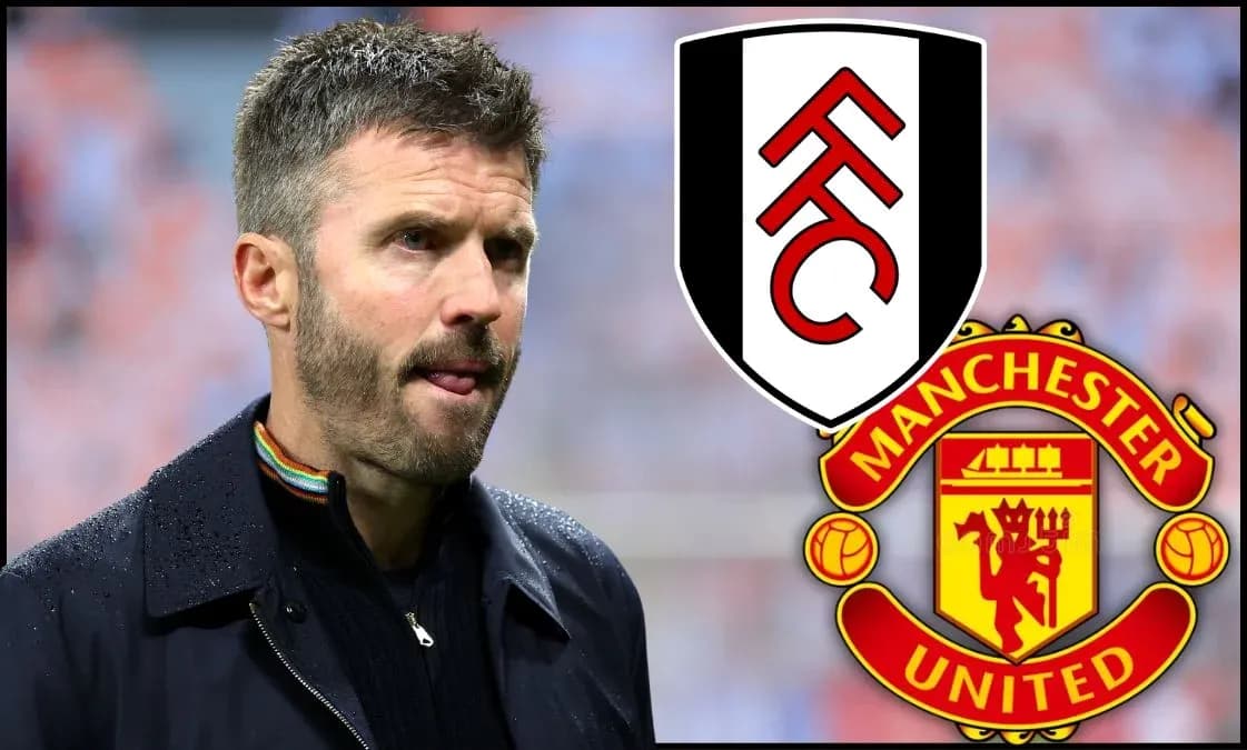 Entrenador en primer plano con escudos de Fulham y Manchester United