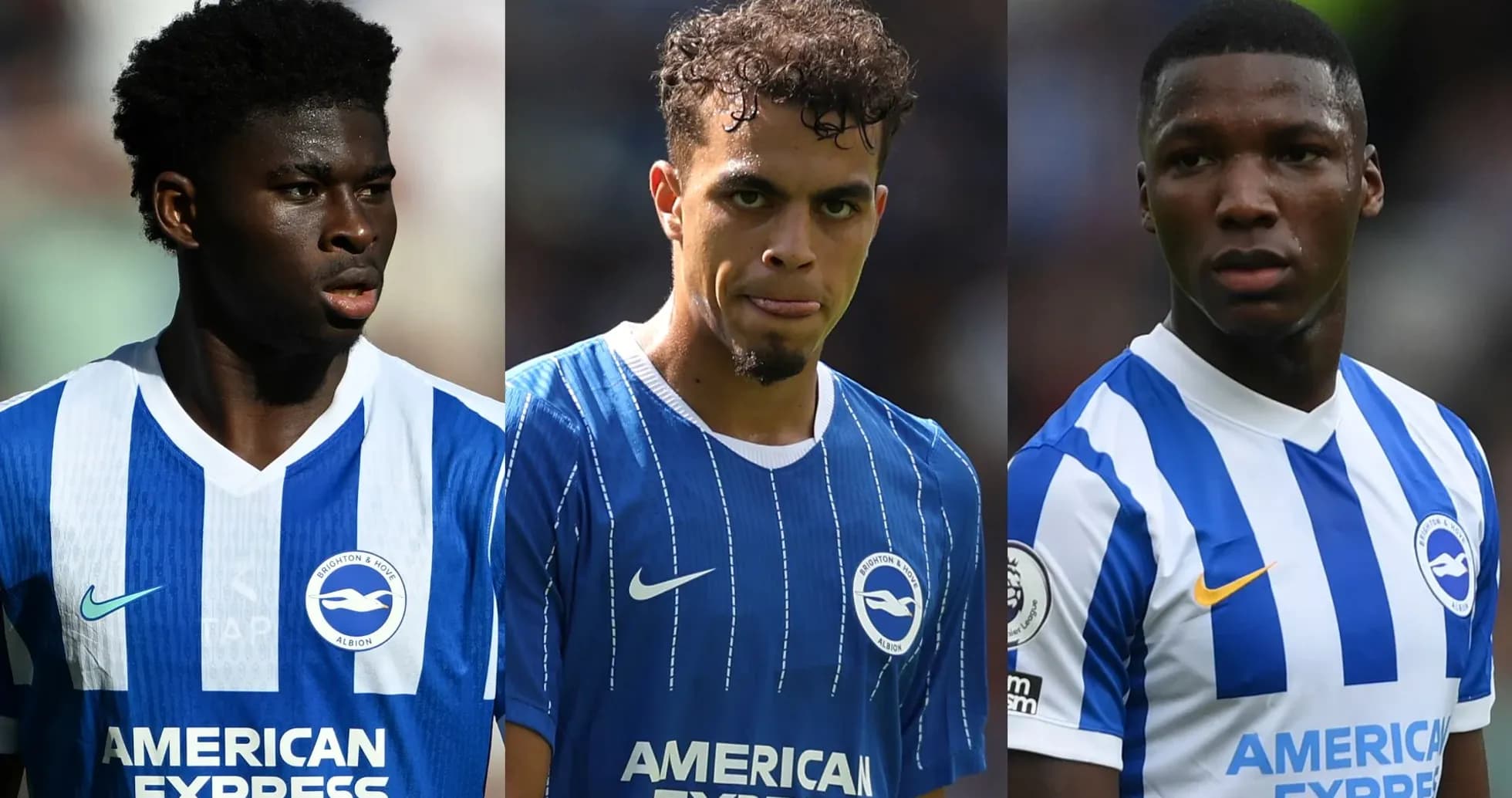 Tres jugadores de Brighton en uniforme durante un partido