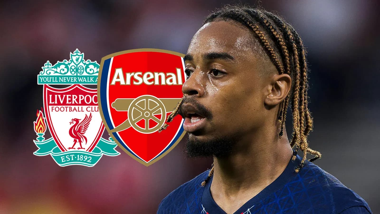Jugador con trenzas frente a logos de Liverpool y Arsenal