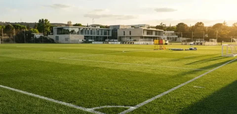 Campo de entrenamiento de fútbol con conos y pelotas