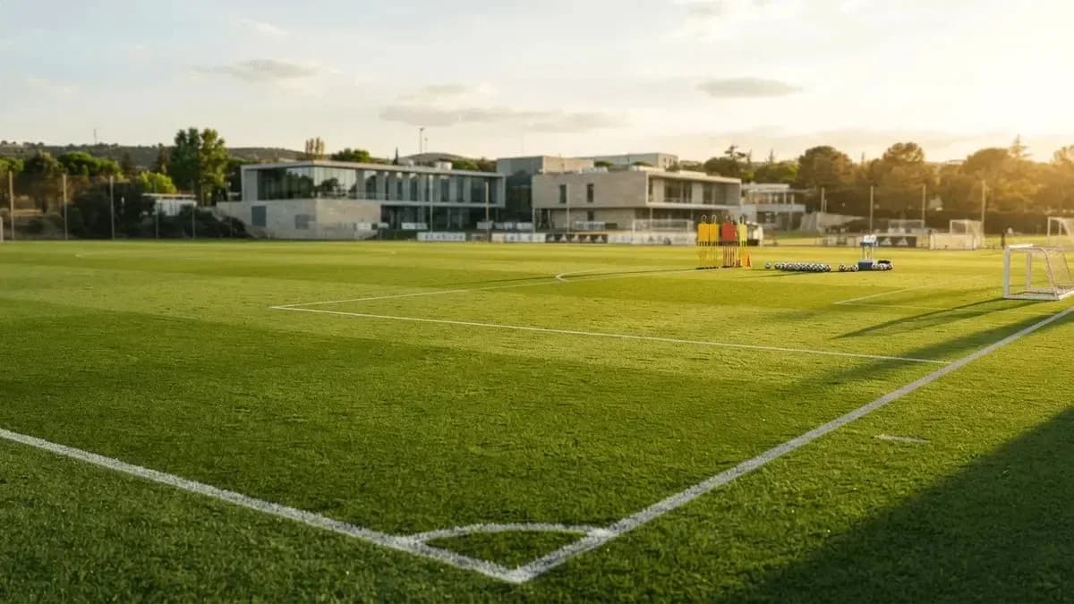 Campo de entrenamiento de fútbol con conos y pelotas