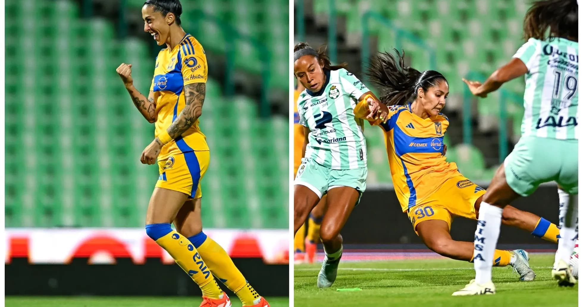 Jugadora de Tigres celebra un gol en el partido
