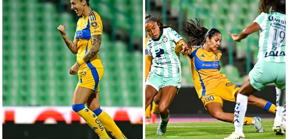 Jugadora de Tigres celebra un gol en el partido