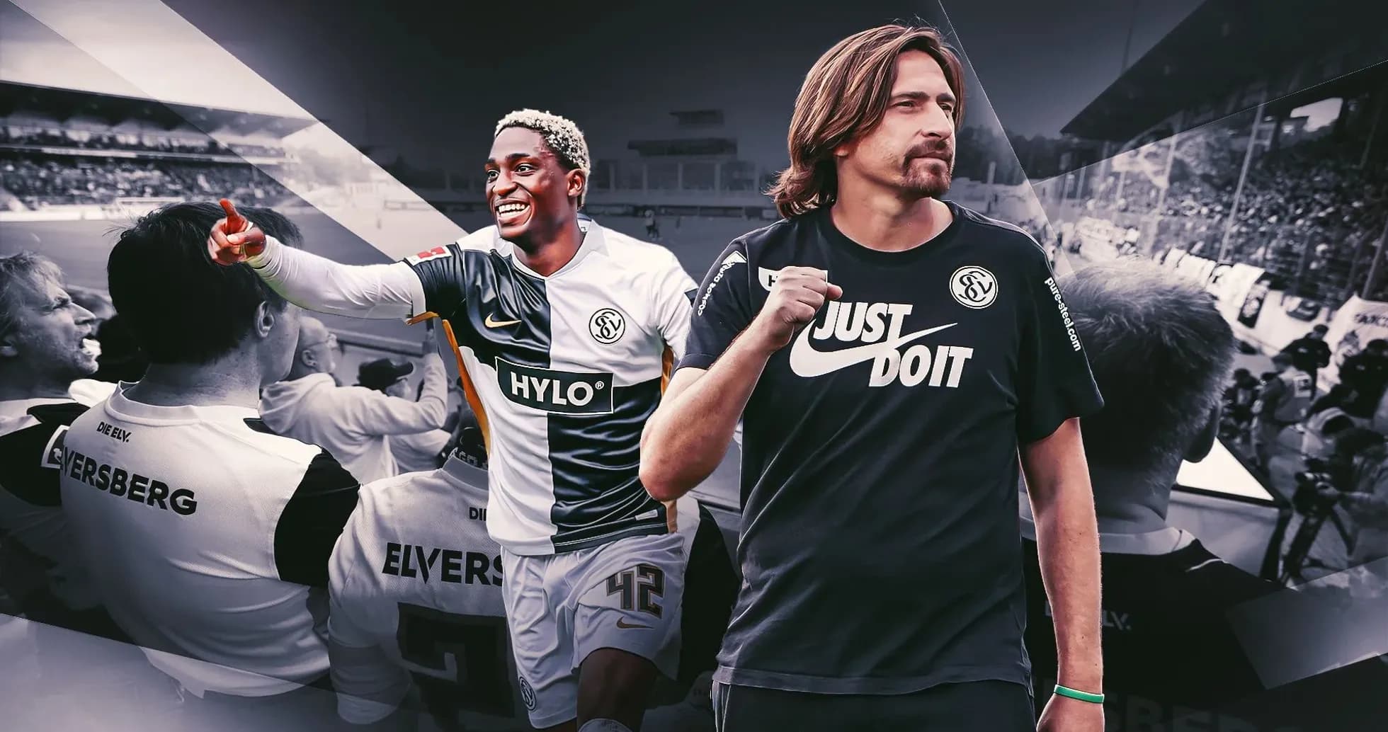 Jugador celebrando con aficionados y entrenador en fondo