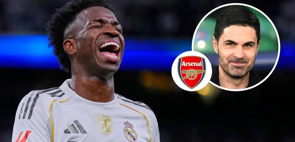 Vinícius Júnior celebrando, logo de Arsenal y Mikel Arteta