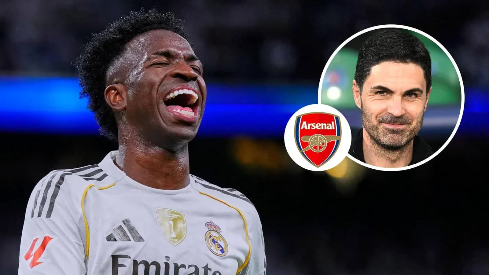 Vinícius Júnior celebrando, logo de Arsenal y Mikel Arteta