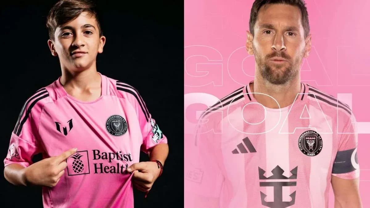 Niño y jugador con camiseta rosa de Inter Miami