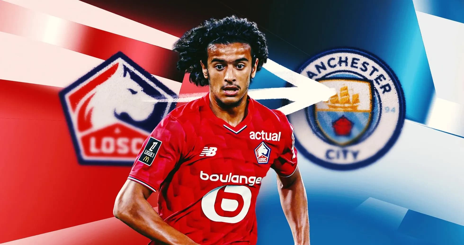 Jugador de LOSC con escudo de Manchester City de fondo