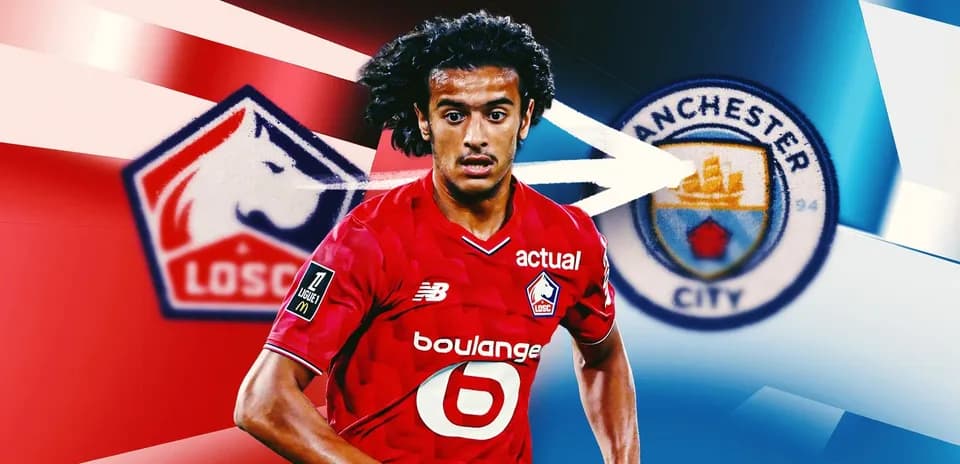 Jugador de LOSC con escudo de Manchester City de fondo