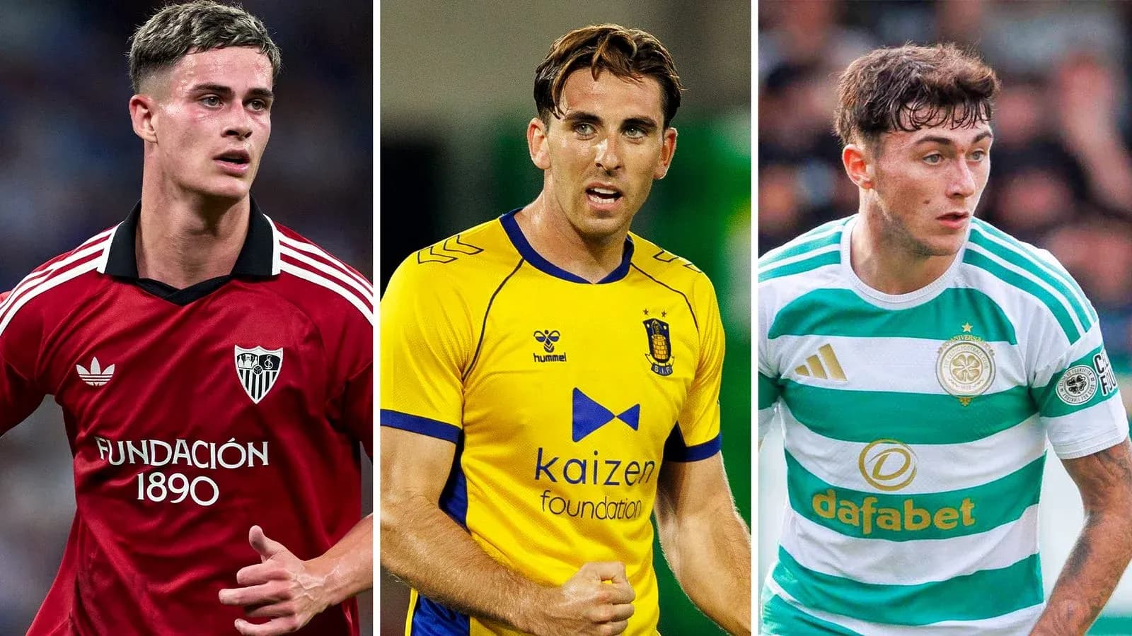 Tres jugadores de fútbol en sus respectivos uniformes