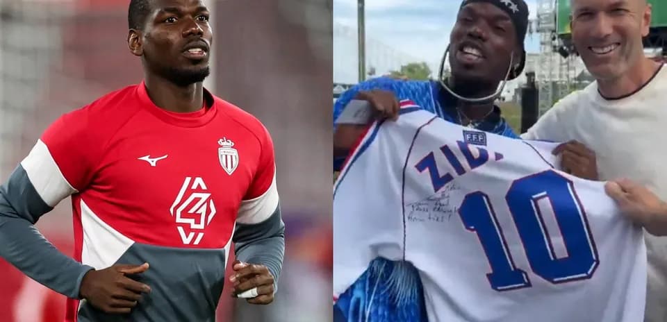 Paul Pogba entrenando y sosteniendo camiseta firmada