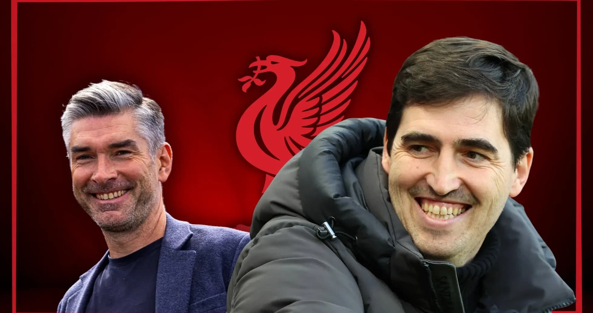 Entrenadores sonrientes con fondo de Liverpool