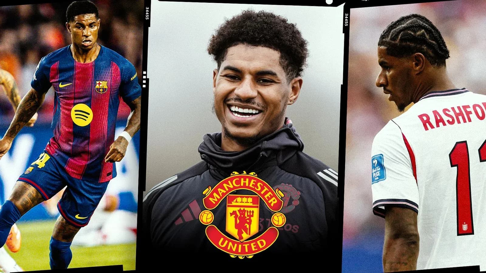 Jugadores de fútbol con camisetas de Barcelona y Manchester United