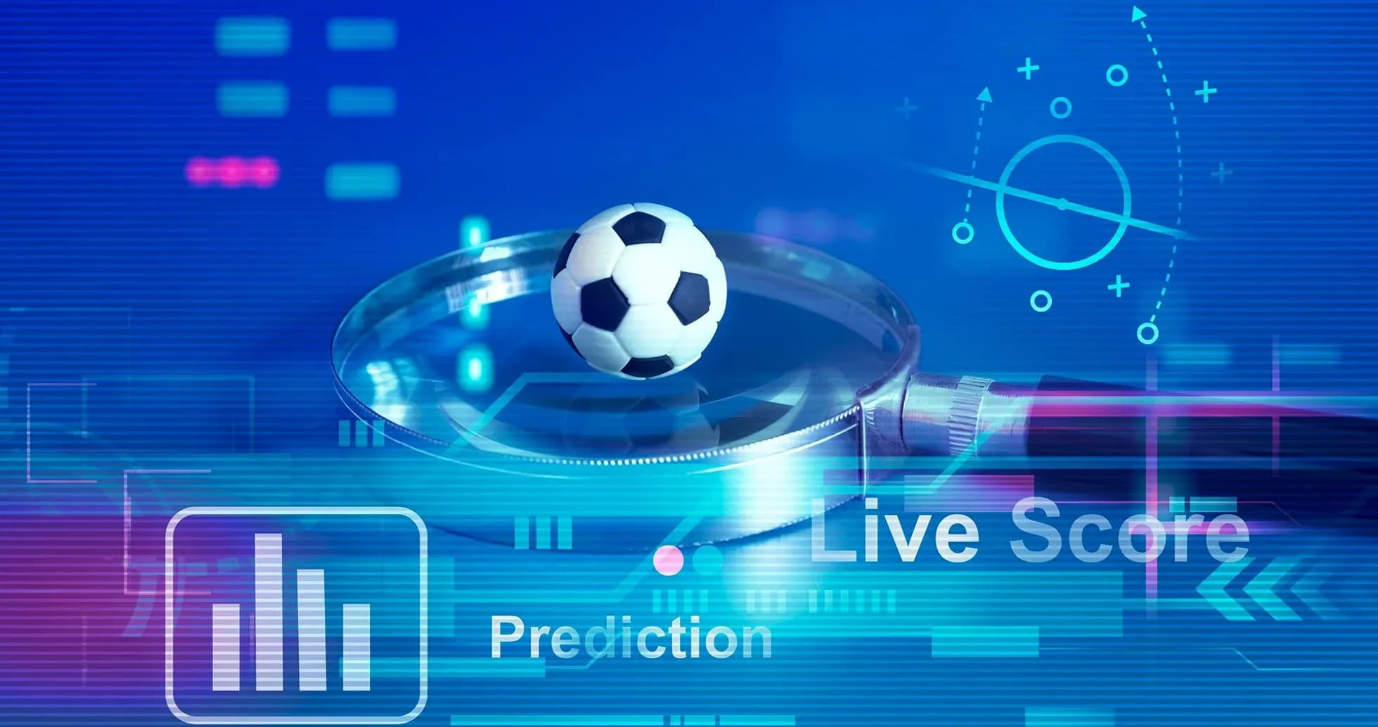 Balón de fútbol sobre una lupa con gráficos digitales