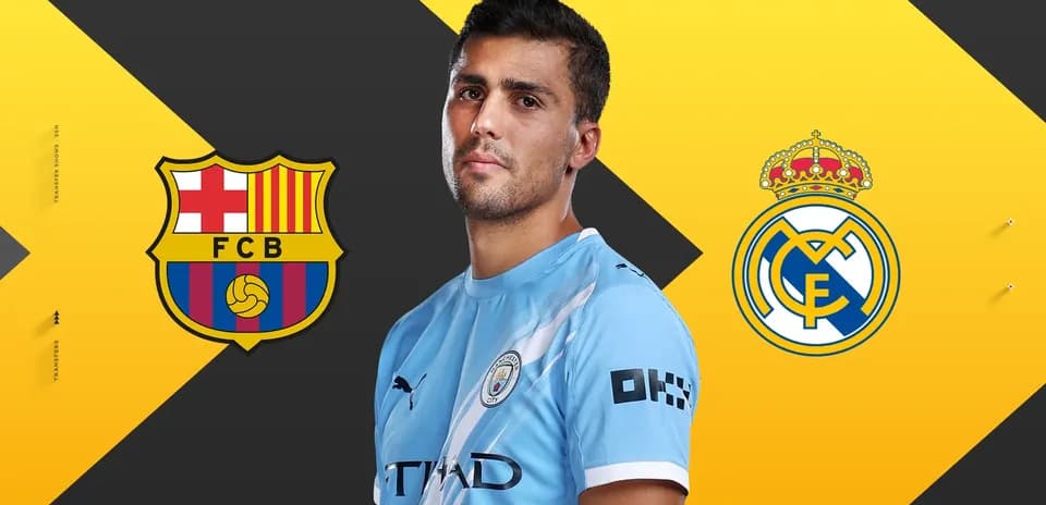 Jugador con camiseta de Manchester City entre logos de Barcelona y Madrid