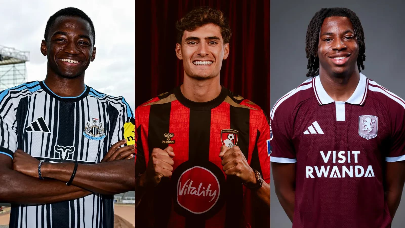 Tres jugadores de fútbol en camisetas de sus equipos