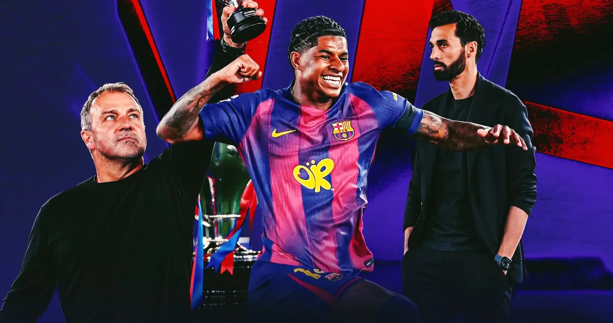 Jugador de Barcelona levantando trofeo con entrenadores