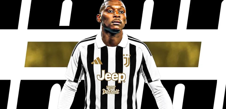 Jugador de Juventus con camiseta a rayas en fondo gráfico