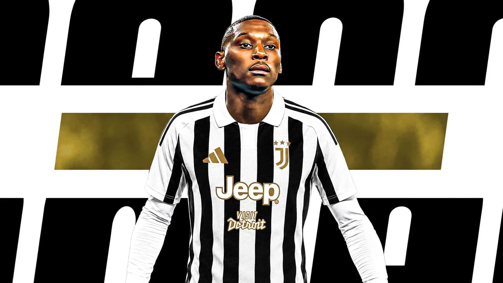 Jugador de Juventus con camiseta a rayas en fondo gráfico