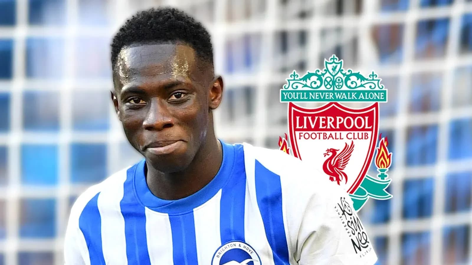 Jugador de Brighton sonriente con logos de Liverpool