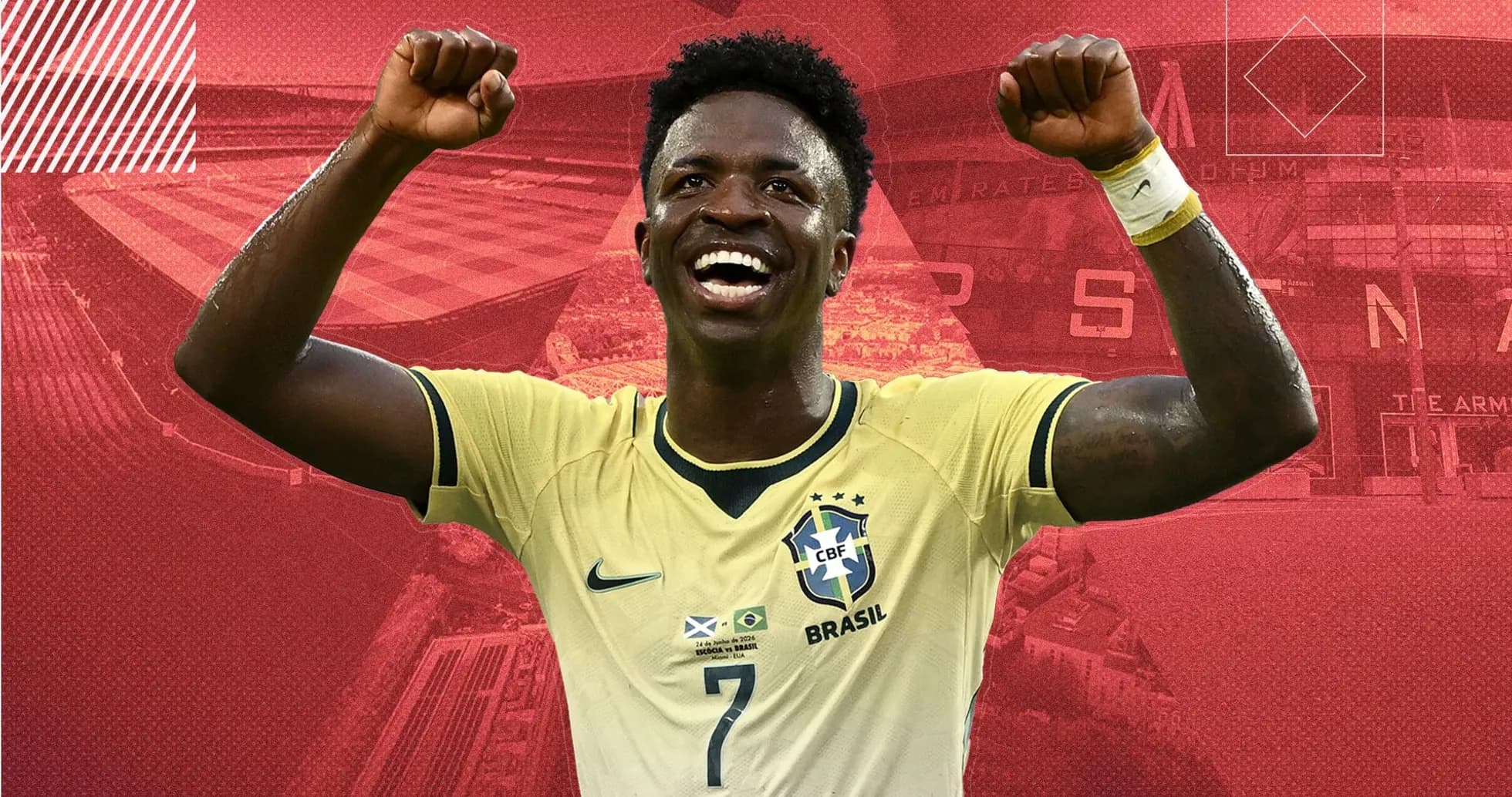 Jugador de Brasil celebrando con los brazos levantados Jugador de Brasil celebrando con los brazos levantados