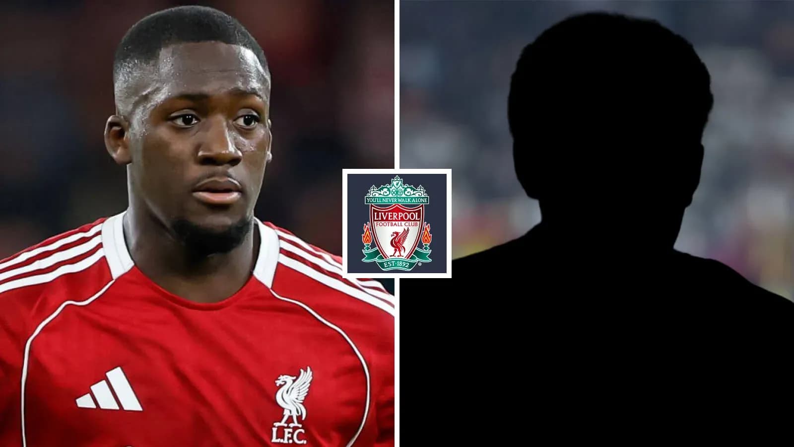 Jugador de Liverpool en uniforme rojo y silueta oscura Jugador de Liverpool en uniforme rojo y silueta oscura