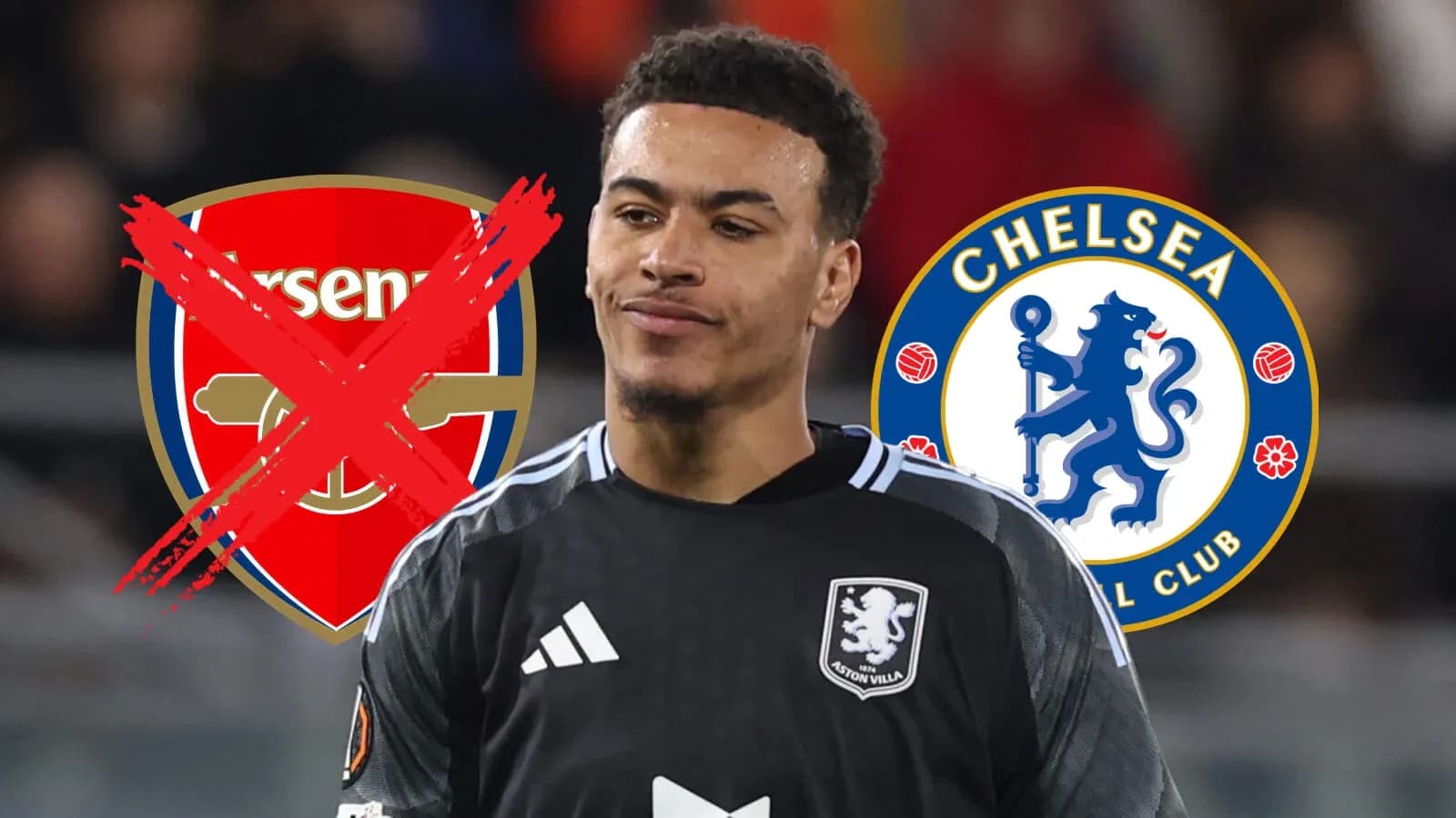 Jugador en uniforme de Aston Villa con logos de Arsenal y Chelsea Jugador en uniforme de Aston Villa con logos de Arsenal y Chelsea