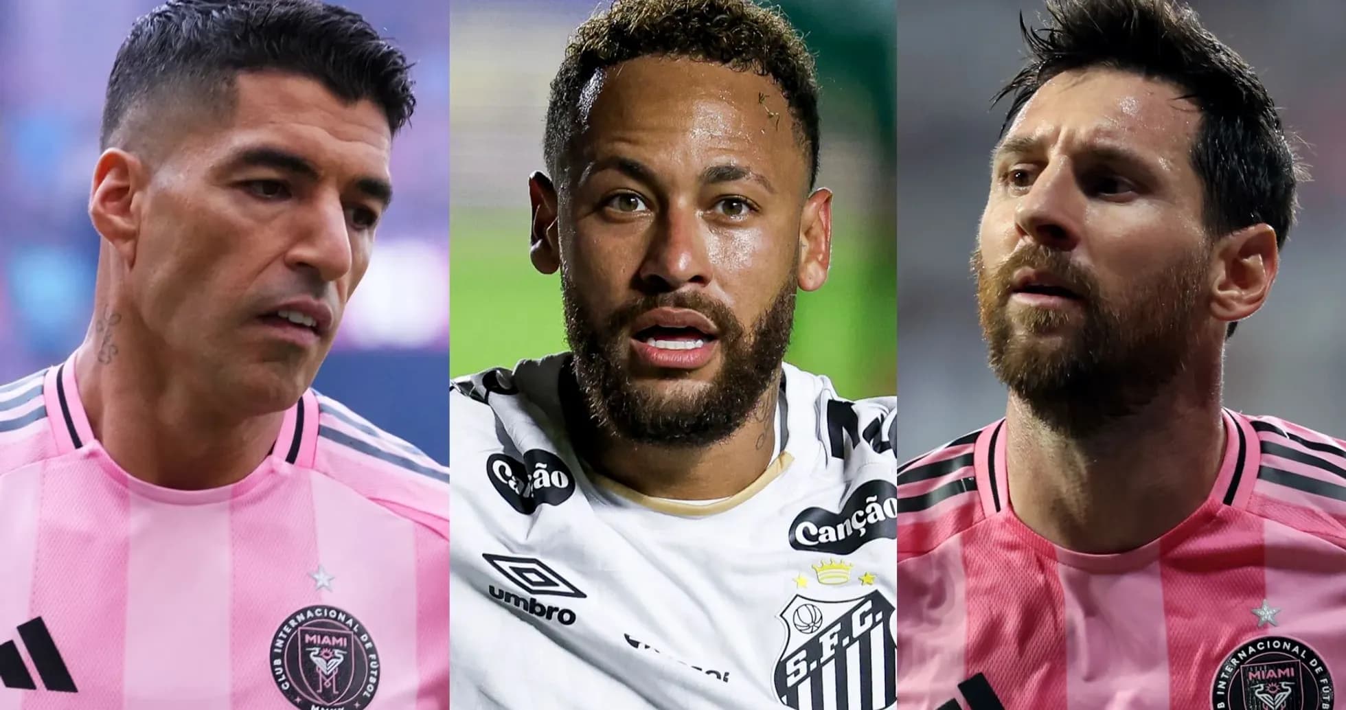 Luis Suárez, Neymar y Lionel Messi en camisetas de fútbol Luis Suárez, Neymar y Lionel Messi en camisetas de fútbol