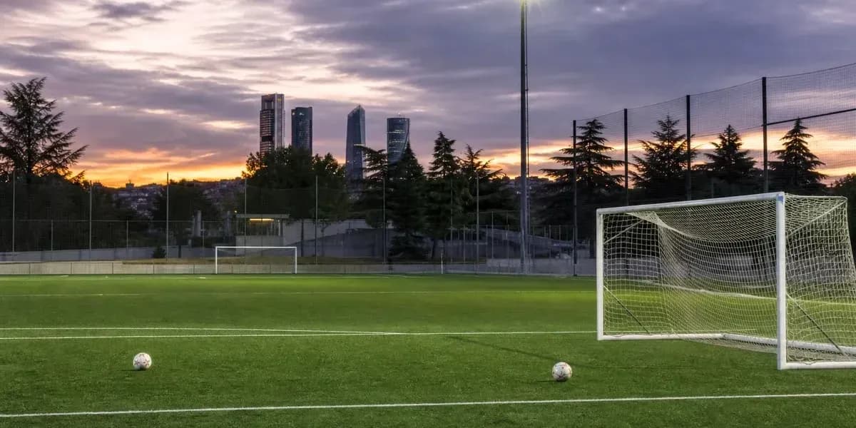 Campo de fútbol con dos balones y edificios al fondo Campo de fútbol con dos balones y edificios al fondo