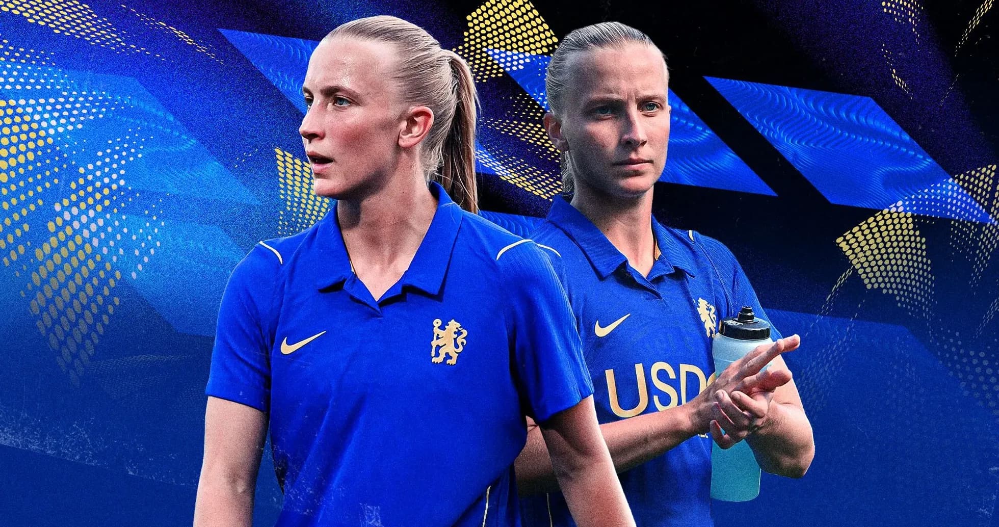 Jugadora del Chelsea con camiseta azul y botella Jugadora del Chelsea con camiseta azul y botella