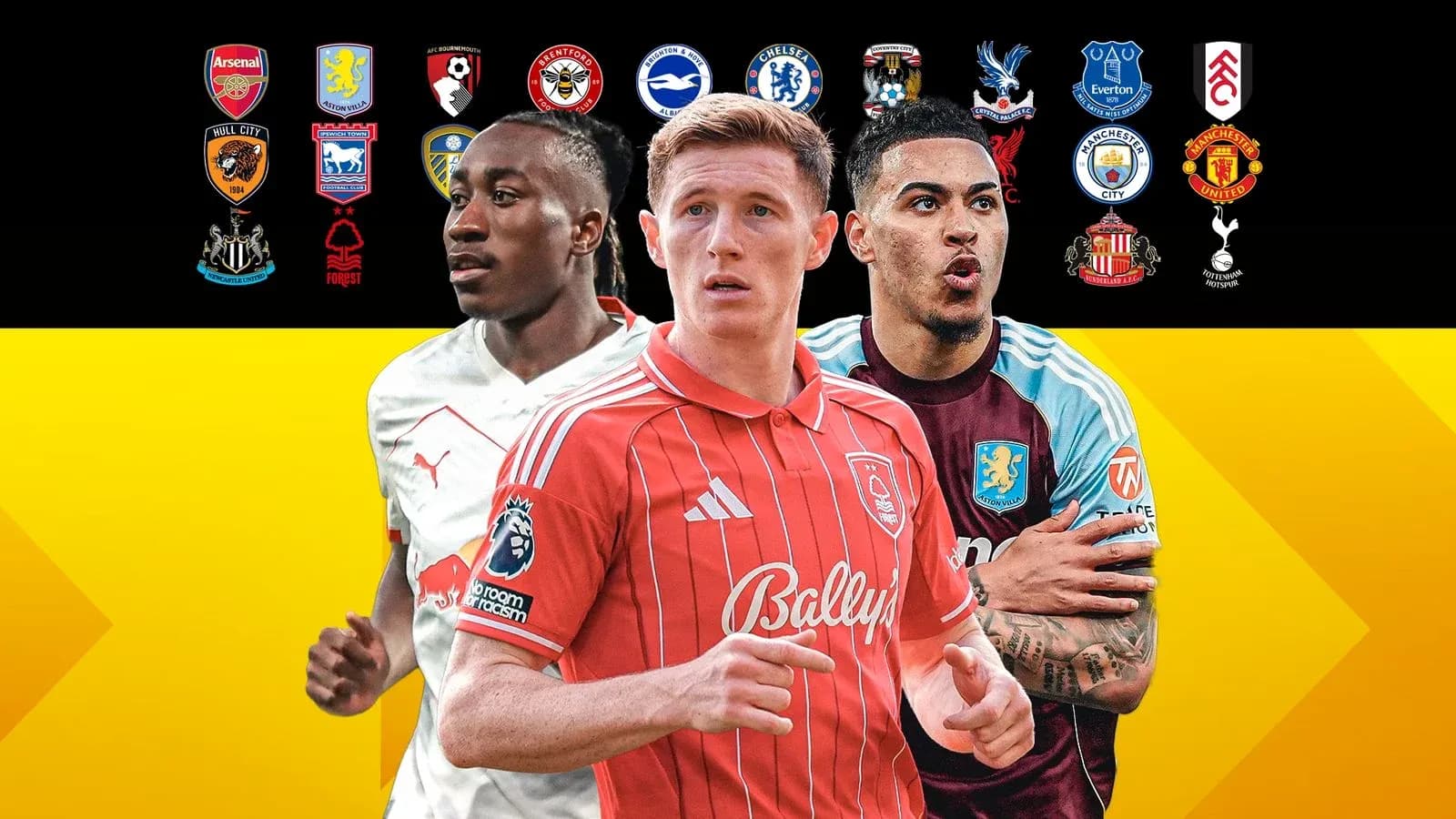 Tres jugadores de fútbol con escudos de equipos de fondo Tres jugadores de fútbol con escudos de equipos de fondo