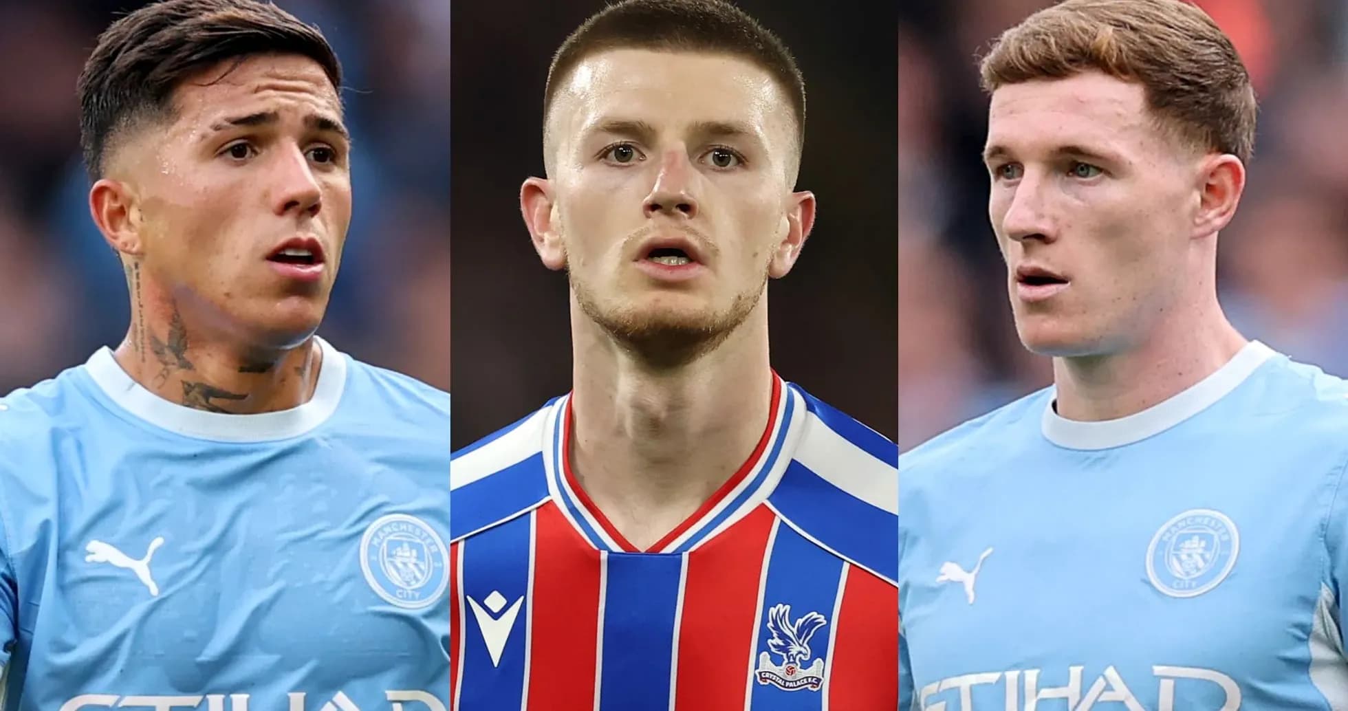 Tres jugadores de fútbol en uniforme, dos de Manchester City Tres jugadores de fútbol en uniforme, dos de Manchester City