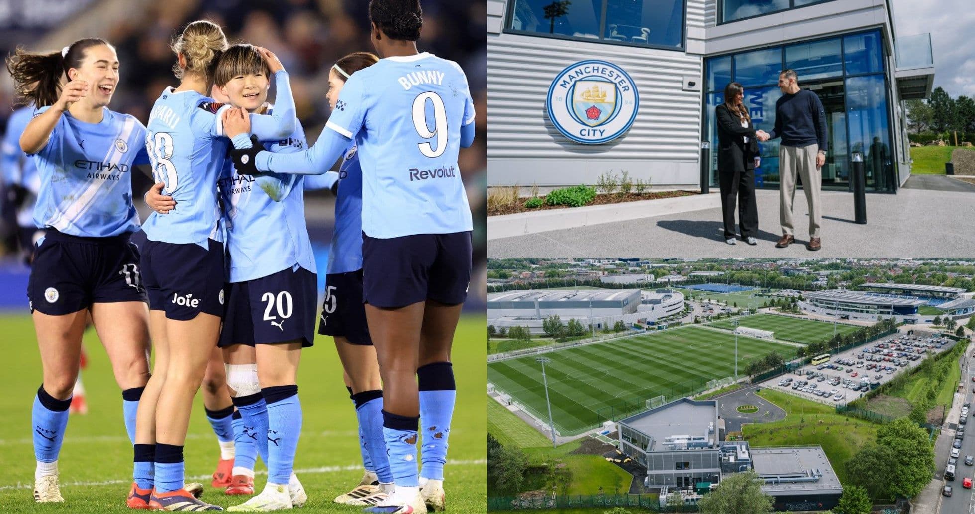 Jugadoras de Manchester City celebrando un gol y el centro de entrenamiento Jugadoras de Manchester City celebrando un gol y el centro de entrenamiento