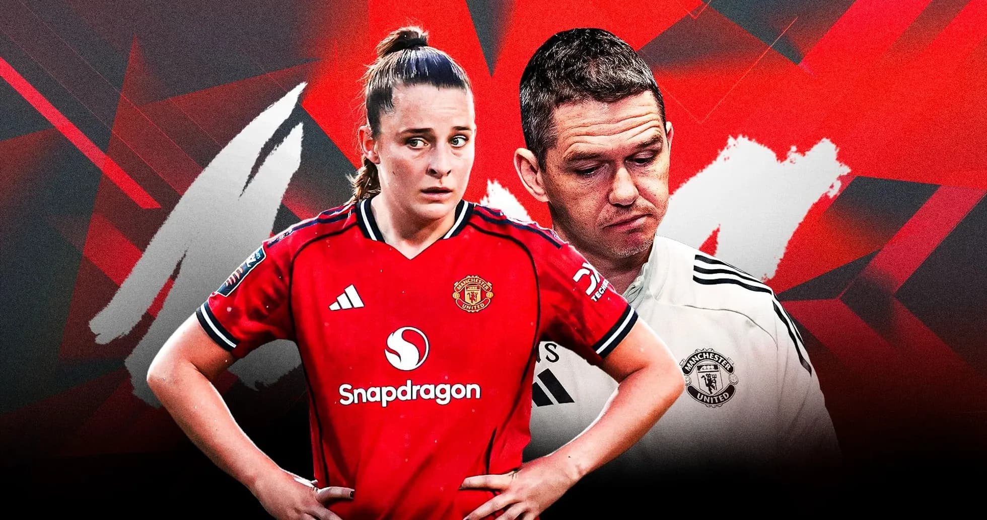 Jugadora de Manchester United y entrenador en primer plano Jugadora de Manchester United y entrenador en primer plano