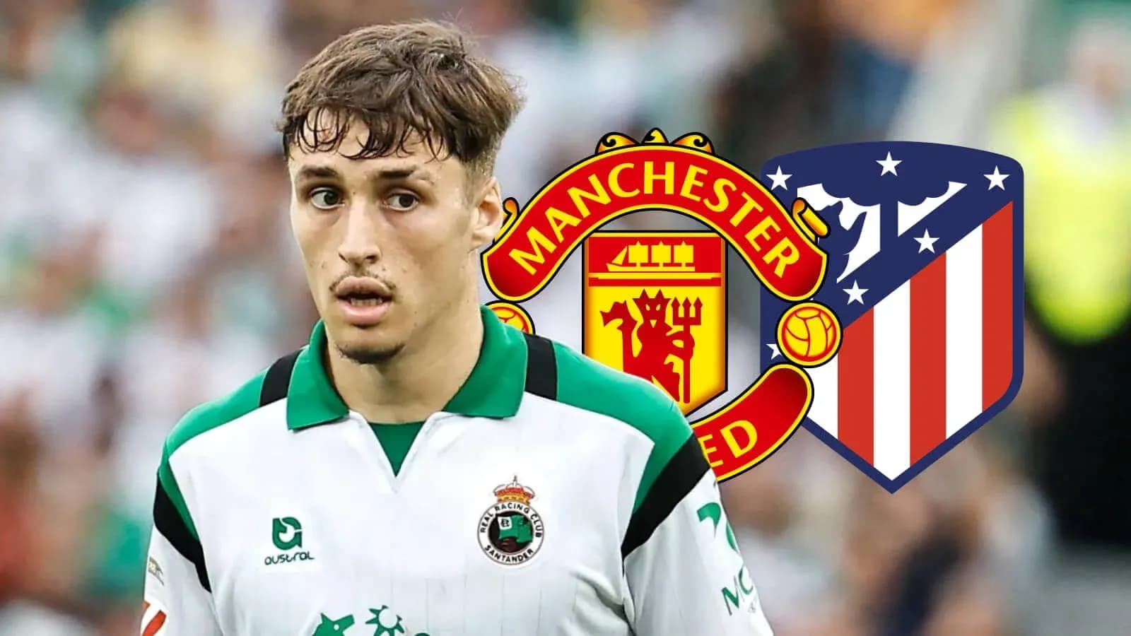 Jugador en uniforme con escudos de Manchester United y Atlético Jugador en uniforme con escudos de Manchester United y Atlético