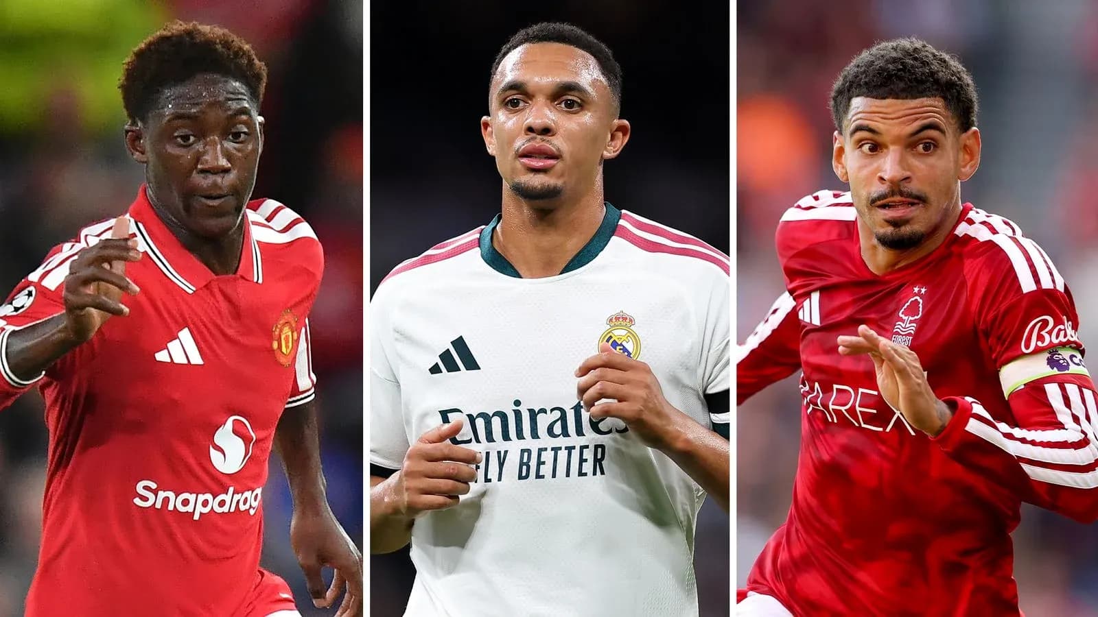 Tres futbolistas en acción con diferentes camisetas de clubes Tres futbolistas en acción con diferentes camisetas de clubes