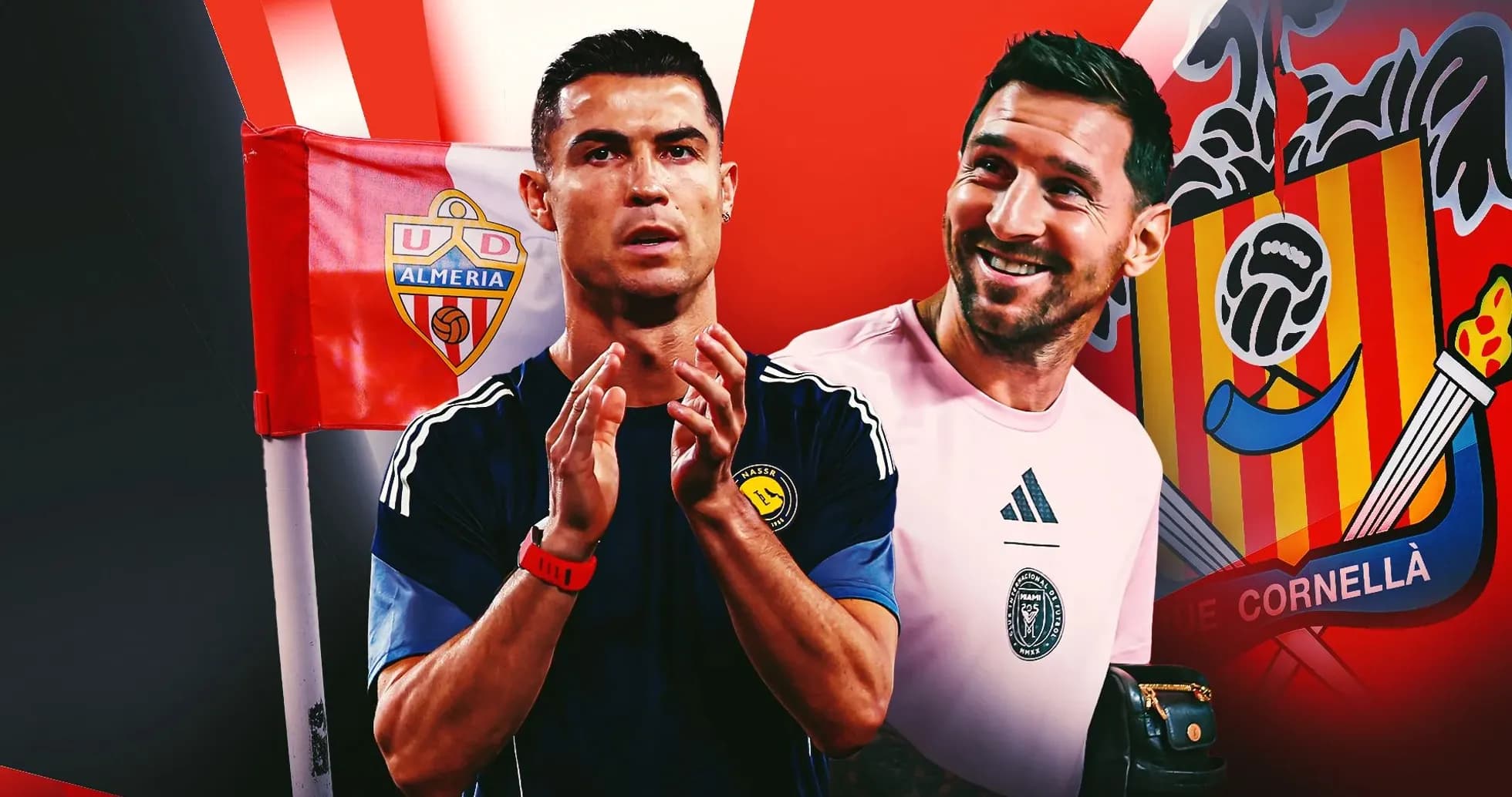 Cristiano Ronaldo y portero sonriendo en fondo de clubes Cristiano Ronaldo y portero sonriendo en fondo de clubes
